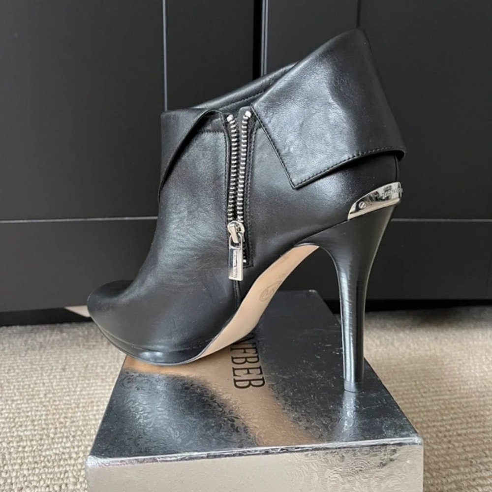 Michael Kors Black Leather Ankle Booties with Silver Accents